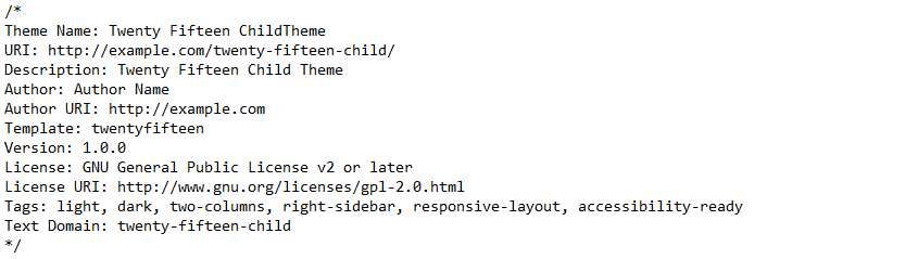 Example style sheet header for child theme