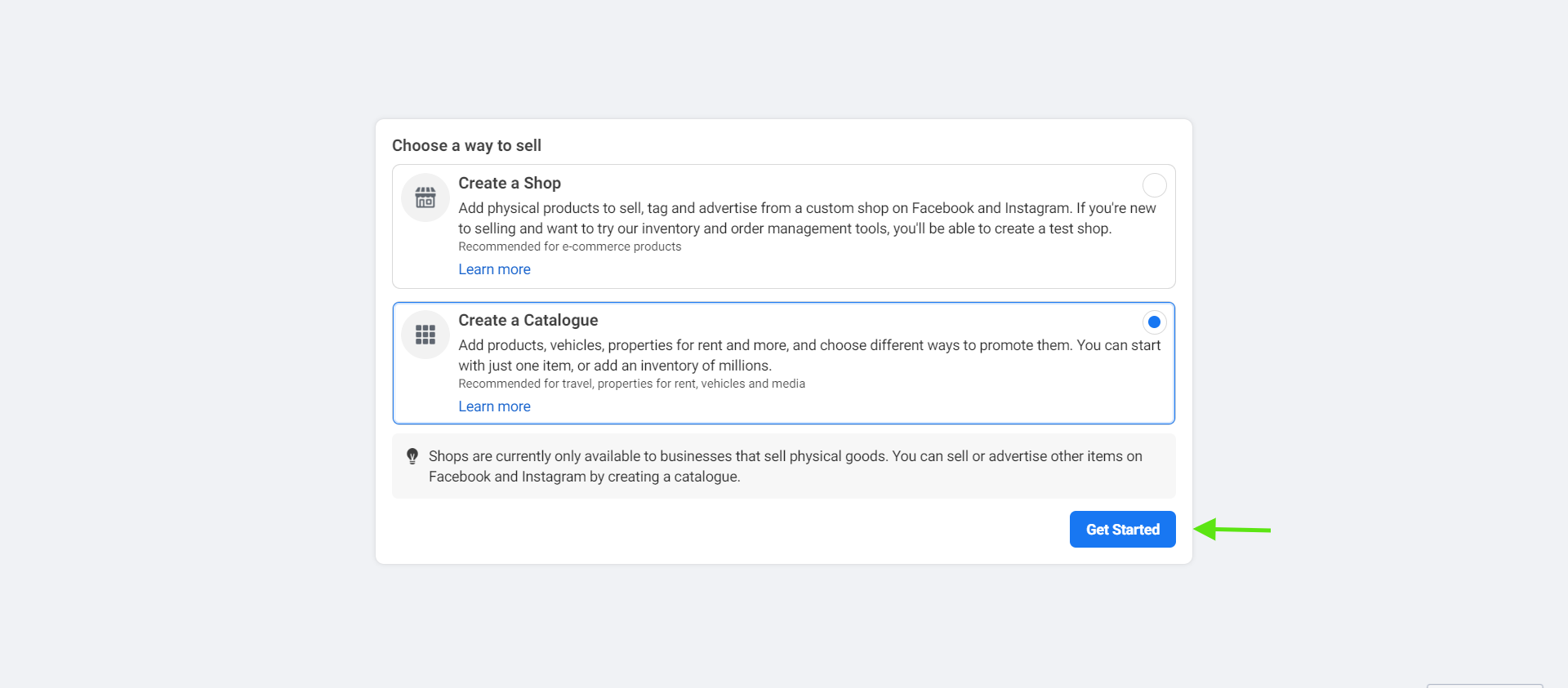 Select Create a Catalogue as way to sell on Facebook Commerce Manager